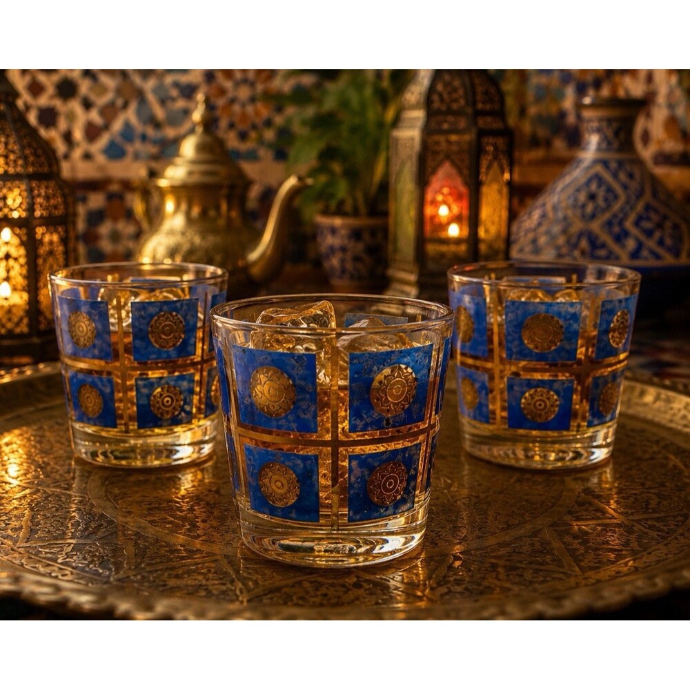 Vintage Set of 3 Jeanette Glassware Tumblers Cobalt Blue & Gold Medallion